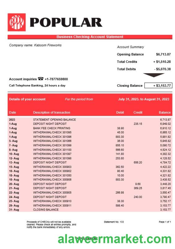 Popular Bank firm account statement Word and PDF template